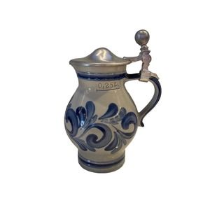 German Handarbeit Blue Scroll Salt Glaze Lidded Beer Stein